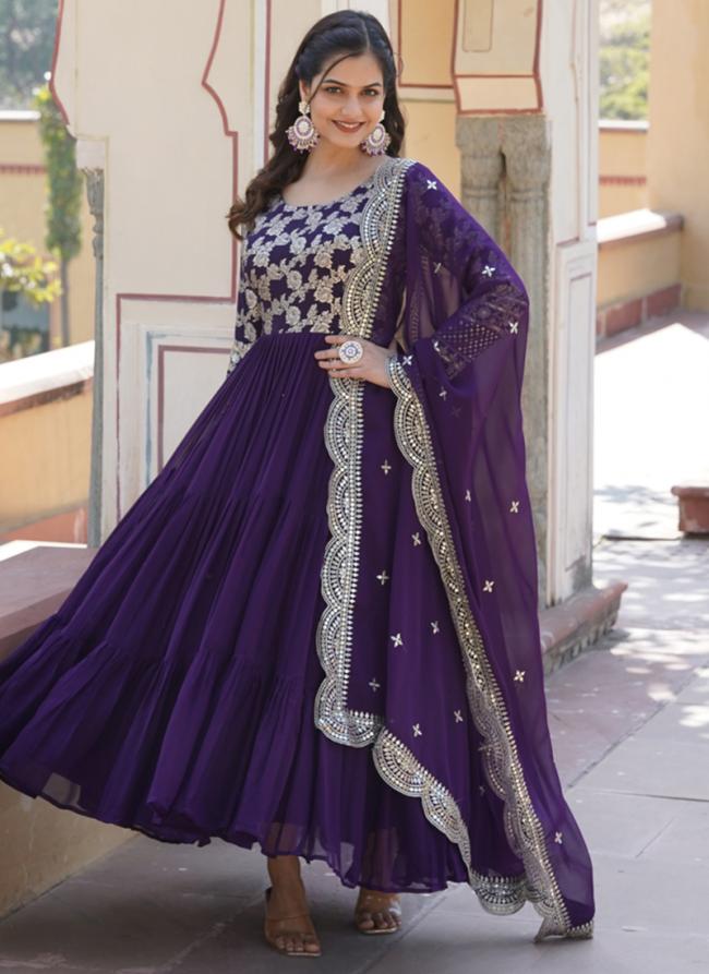 Faux Viscose Purple Traditional Wear Sequins Work Gown With Dupatta