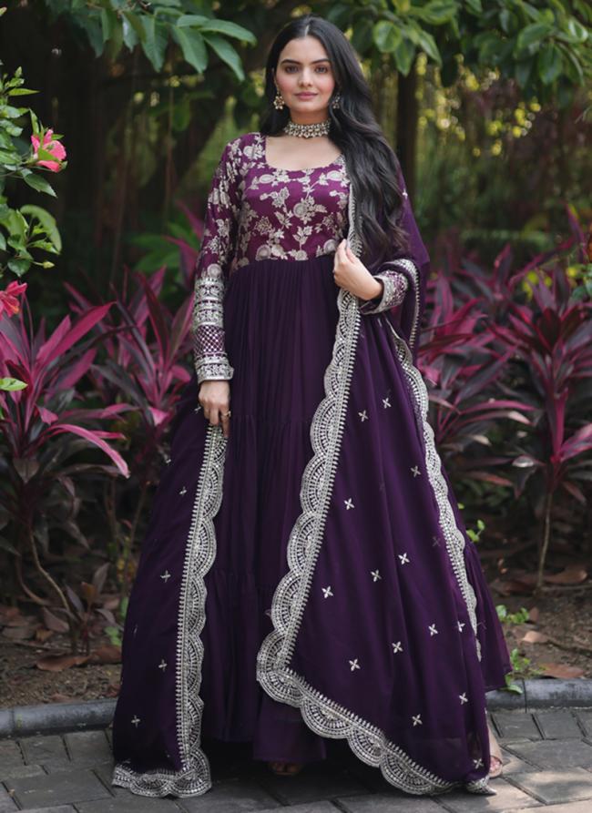 Faux Viscose Wine Traditional Wear Sequins Work Gown With Dupatta