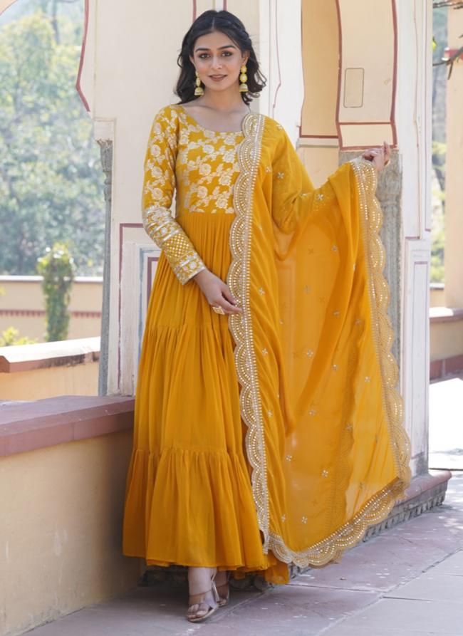 Faux Viscose Yellow Traditional Wear Sequins Work Gown With Dupatta