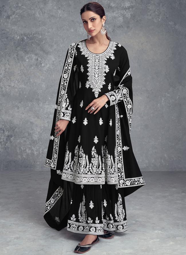 Real Chinnon Black Festival Wear Embroidery Work Readymade Salwar Suit