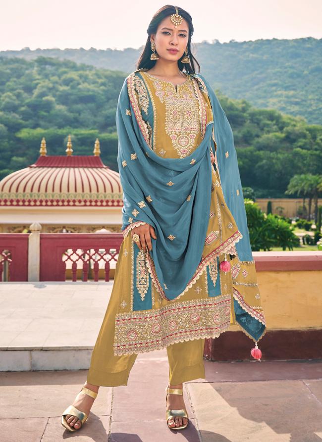 Real Chinnon Beige Party Wear Embroidery Work Readymade Salwar Suit