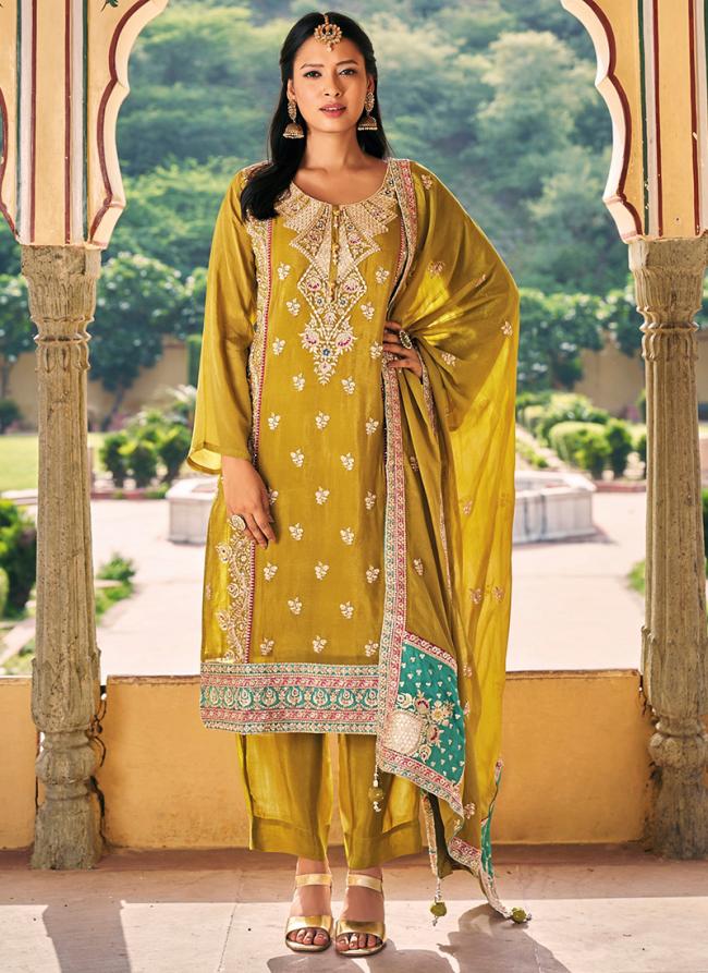 Real Chinnon Mustard Party Wear Embroidery Work Readymade Salwar Suit