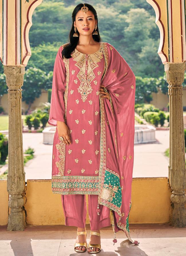Real Chinnon Pink Party Wear Embroidery Work Readymade Salwar Suit