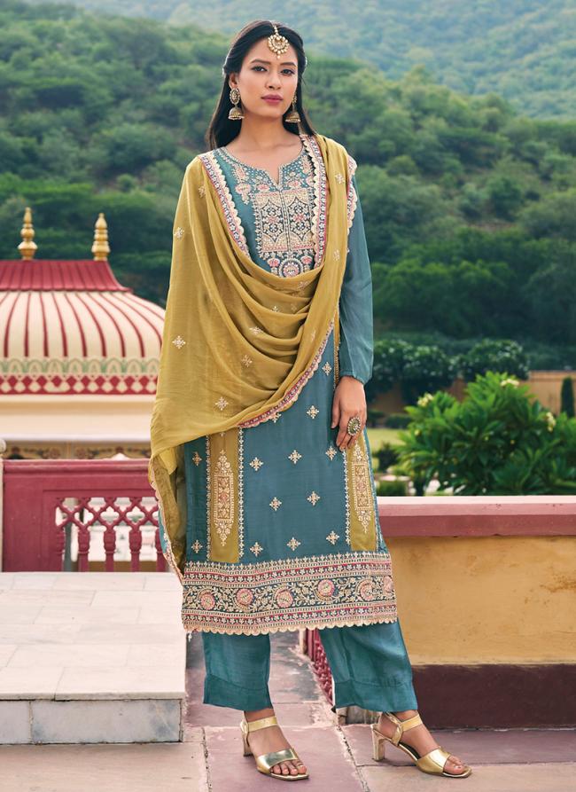 Real Chinnon Sky Blue Party Wear Embroidery Work Readymade Salwar Suit