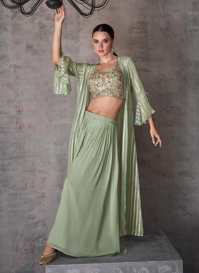 Georgette Silk Green Party Wear Embroidery Work Indo Western Suit