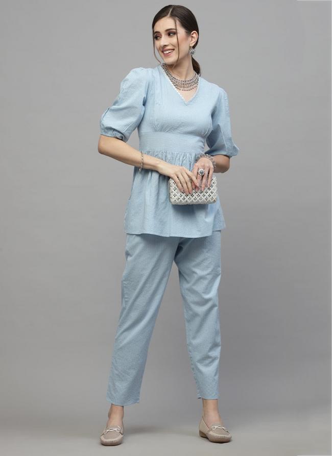 Cotton Sky Blue Casual Wear Embroidery Work Cord Set