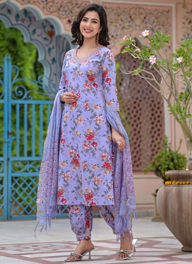 Cotton Lilac Festival Wear Printed Readymade Afghani Suit