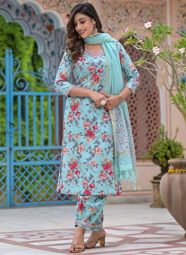 Cotton Sky Blue Festival Wear Printed Readymade Afghani Suit