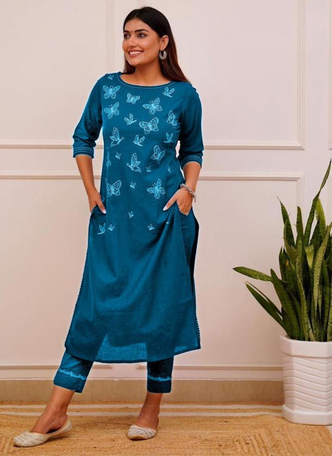 Cotton Blue Casual Wear Embroidery Work Kurti With Pant
