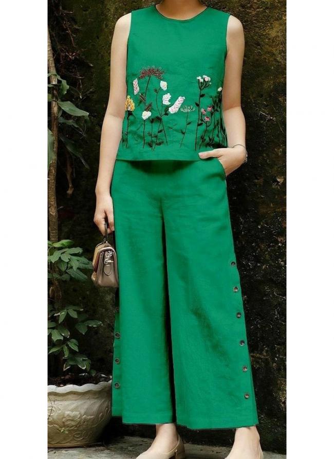 Cotton Green Casual Wear Embroidery Work Cord Set