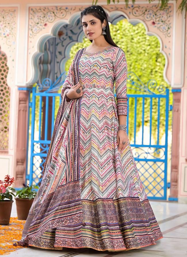 Dola Silk Multi Colour Festival Wear Hand Work Gown With Dupatta
