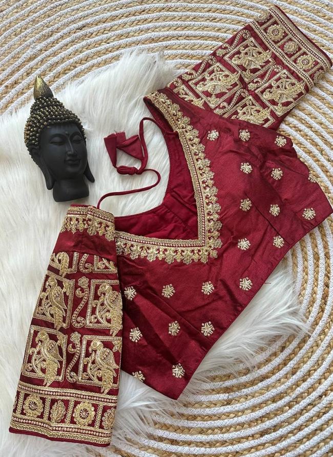 Raw Silk Maroon Wedding Wear Embroidery Work Blouse