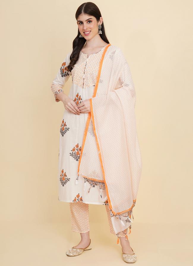 Cotton Beige Summer Wear Block Printed Readymade Salwar Suit