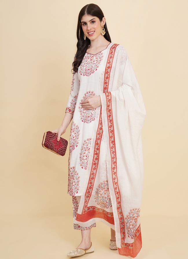 Cotton Off White Summer Wear Block Printed Readymade Salwar Suit