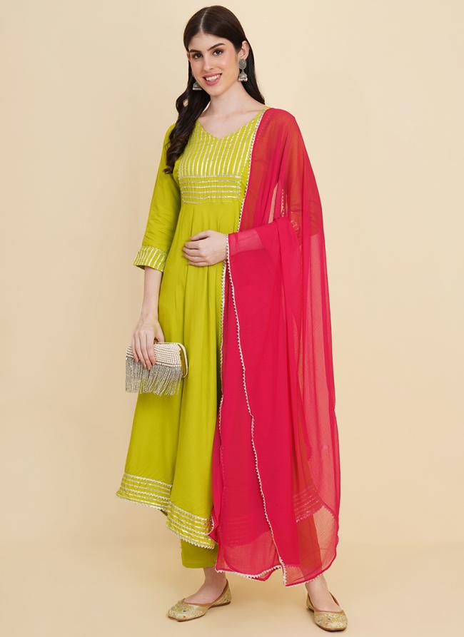 Cotton Olive Green Summer Wear Dyed Readymade Salwar Suit