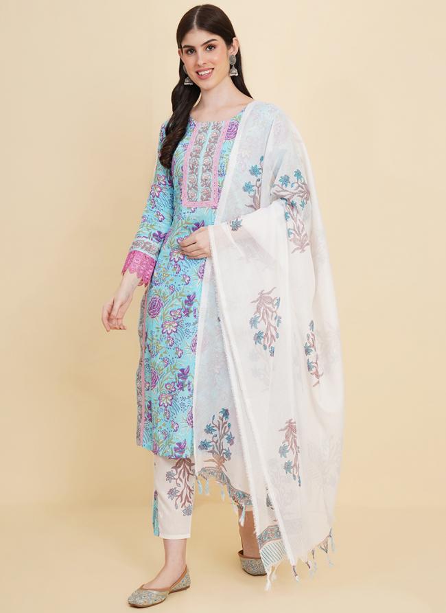 Cotton Sky Blue Summer Wear Floral Printed Readymade Salwar Suit