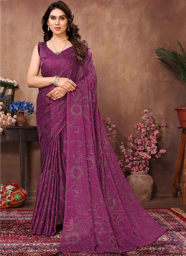 Rangoli Satin Silk Purple Party Wear Mukesh Work Saree