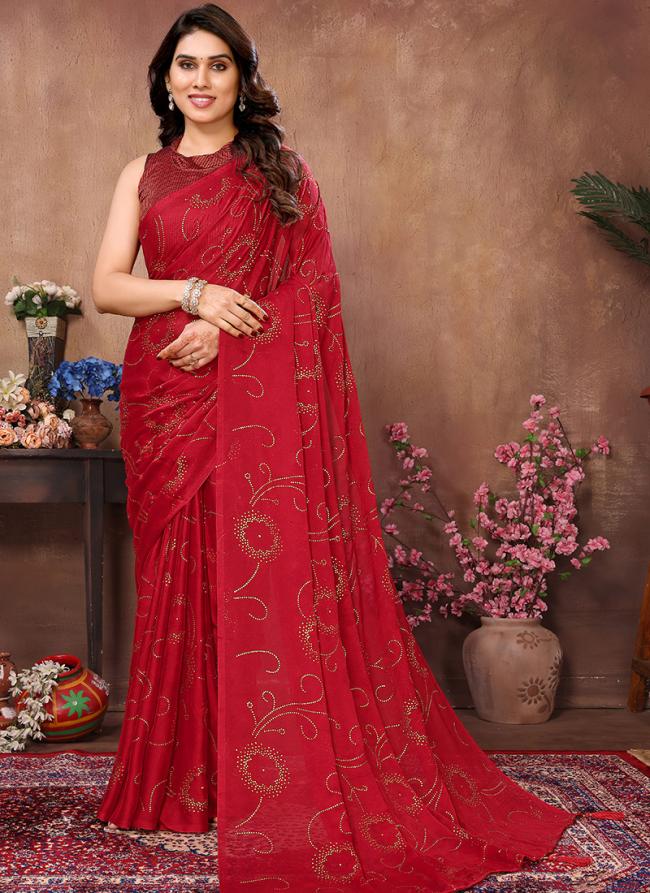 Rangoli Satin Silk Red Party Wear Mukesh Work Saree
