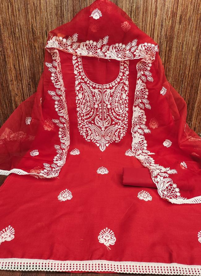 Cotton Red Casual Wear Embroidery Work Dress Material