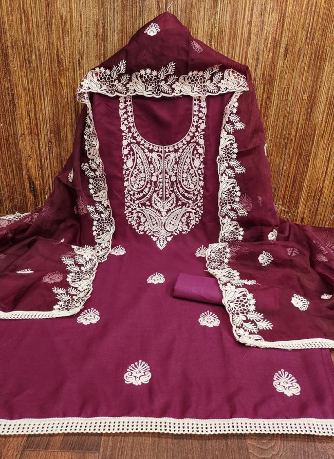 Cotton Wine Casual Wear Embroidery Work Dress Material
