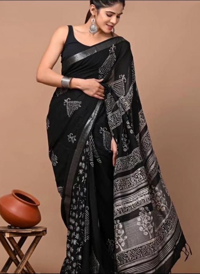 Linen Black Casual Wear Printed Saree