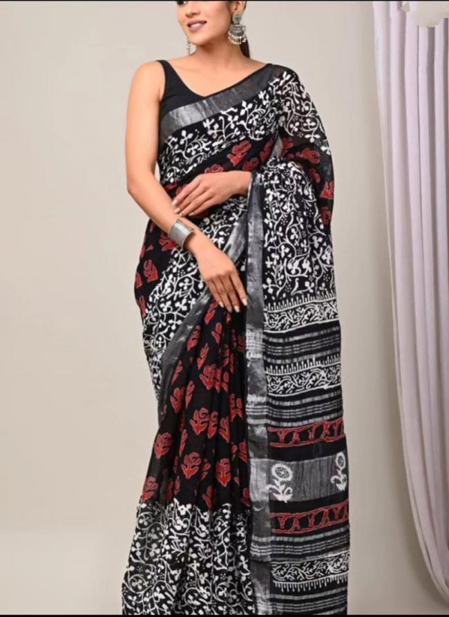Linen Black Maroon Casual Wear Printed Saree
