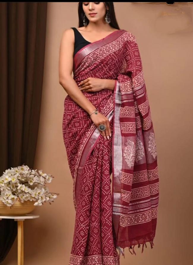 Linen Red Casual Wear Printed Saree
