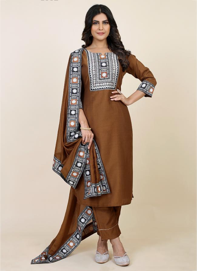 Chinnon Silk Brown Traditional Wear Printed Readymade Salwar Suit