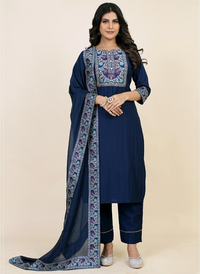 Chinnon Silk Navy Blue Traditional Wear Printed Readymade Salwar Suit