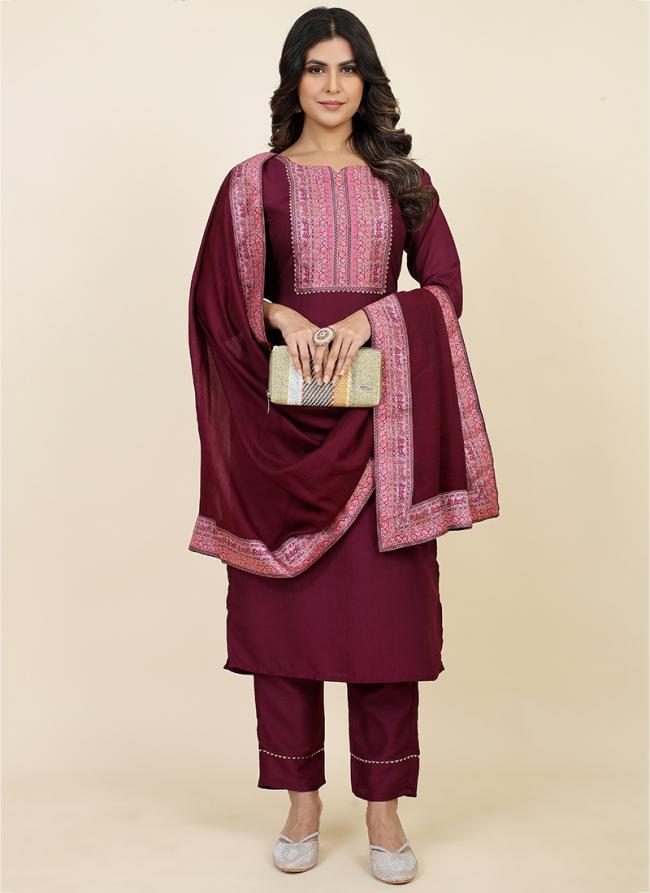 Chinnon Silk Violet Traditional Wear Printed Readymade Salwar Suit