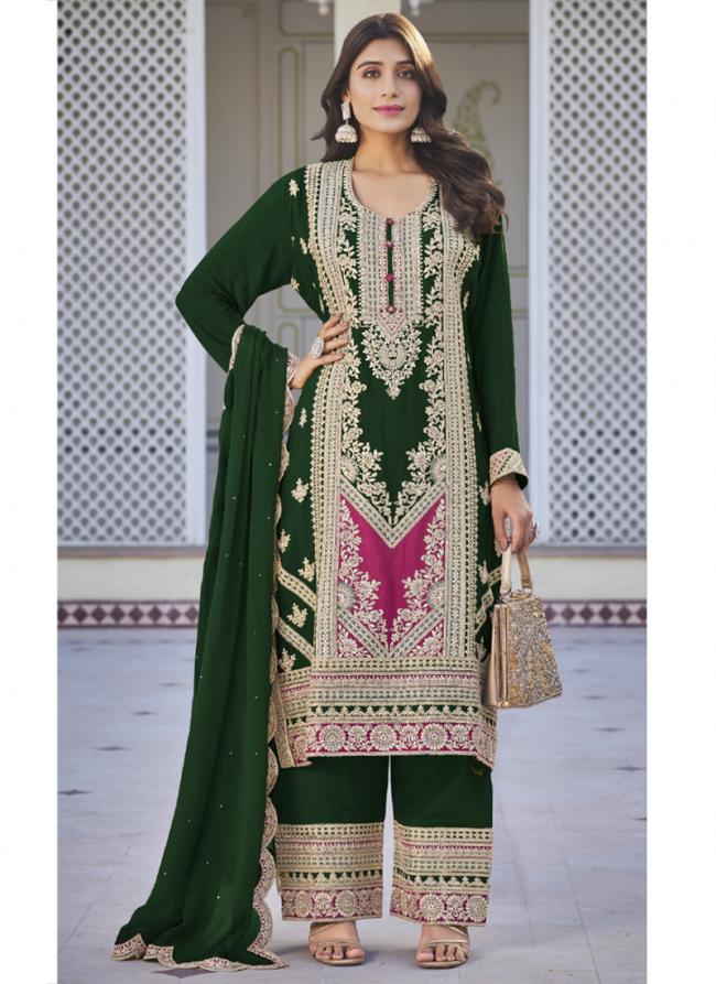 Pure Chinnon Green Wedding Wear Embroidery Work Readymade Palazzo Suit