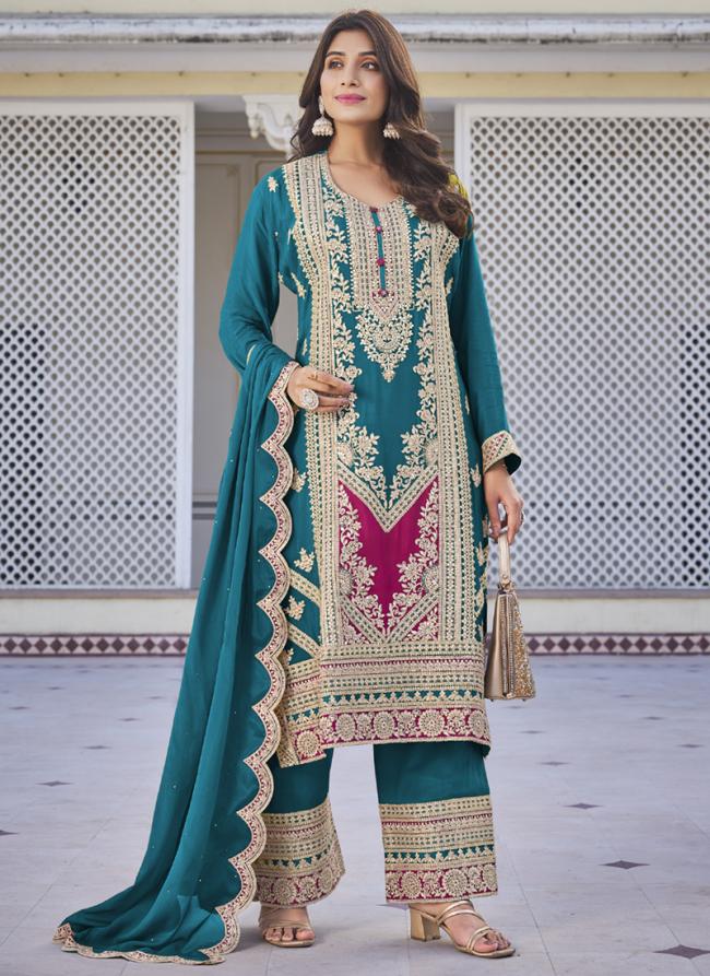 Pure Chinnon Sky Blue Wedding Wear Embroidery Work Readymade Palazzo Suit