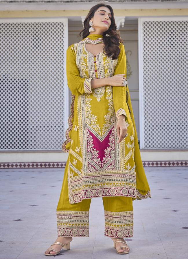 Pure Chinnon Yellow Wedding Wear Embroidery Work Readymade Palazzo Suit