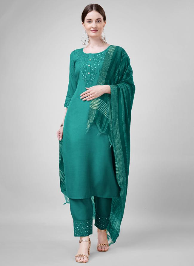 Cotton Blend Firozi Casual Wear Embroidery Work Readymade Salwar Suit
