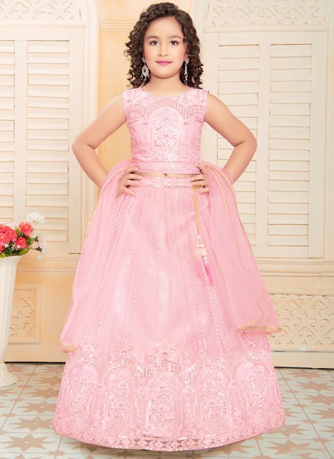 Net Pink Party Wear Embroidery Work Kids Lehenga Choli