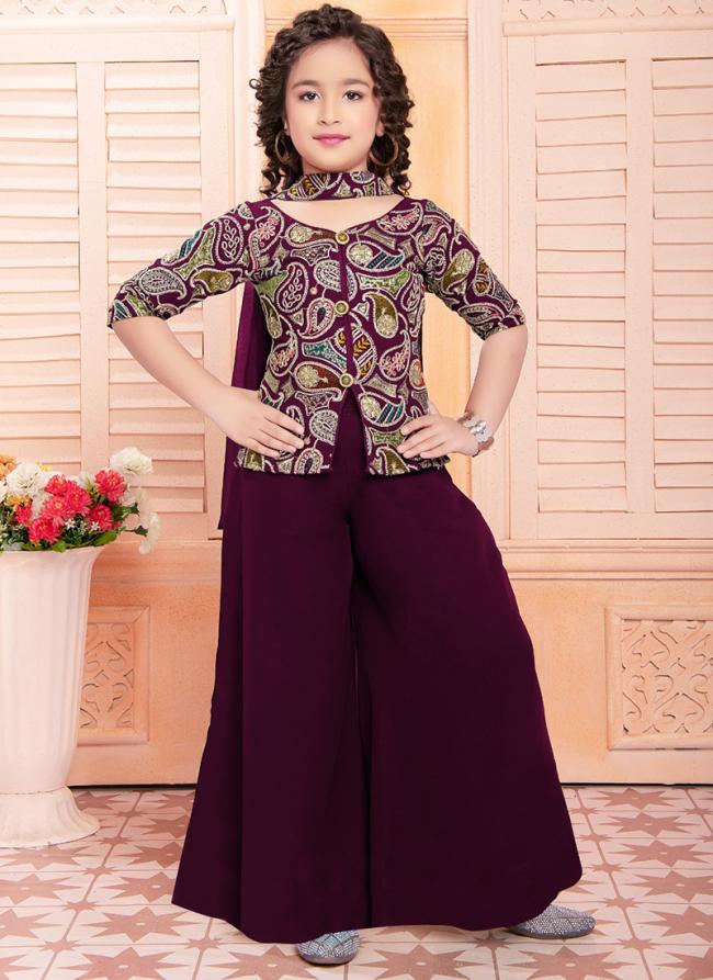 Georgette Wine Party Wear Embroidery Work Kids Salwar Suit