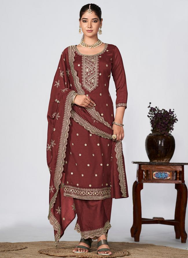 Pure Vichitra Maroon Festival Wear Embroidery Work Palazzo Suit