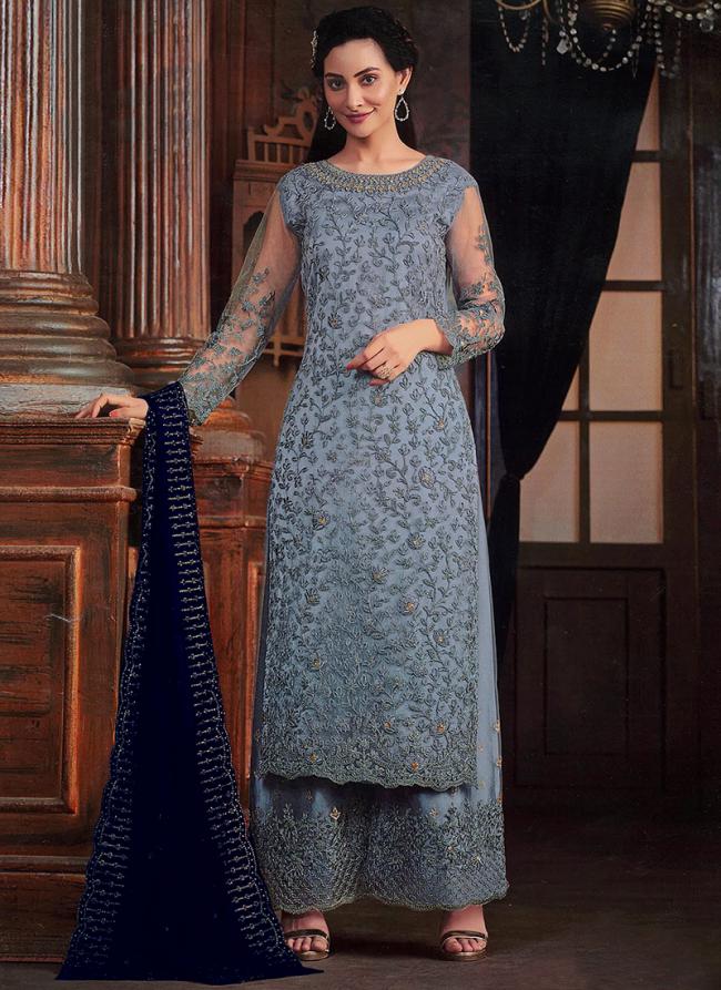 Butterfy Net Blue Traditional Wear Embroidery Work Palazzo Suit