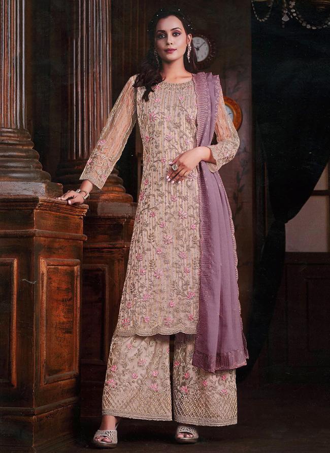 Butterfy Net Peach Traditional Wear Embroidery Work Palazzo Suit