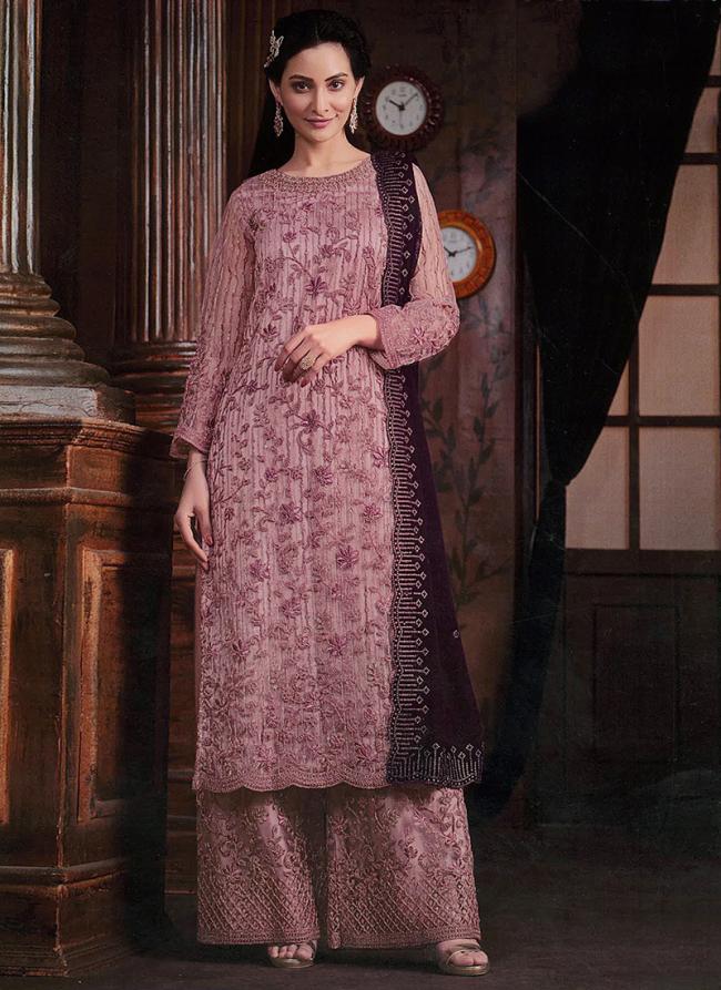 Butterfy Net Pink Traditional Wear Embroidery Work Palazzo Suit