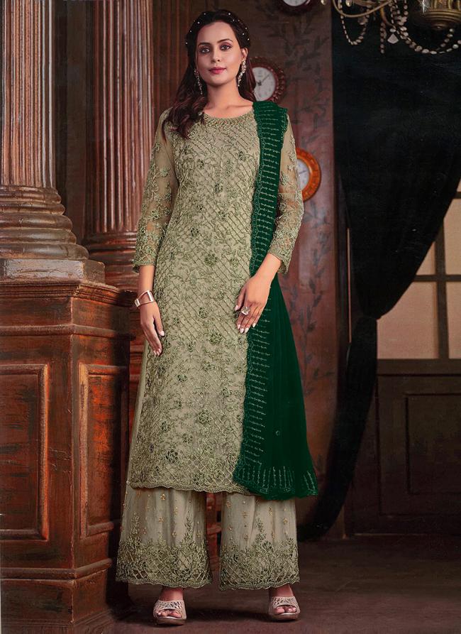 Butterfy Net Pista Green Traditional Wear Embroidery Work Palazzo Suit