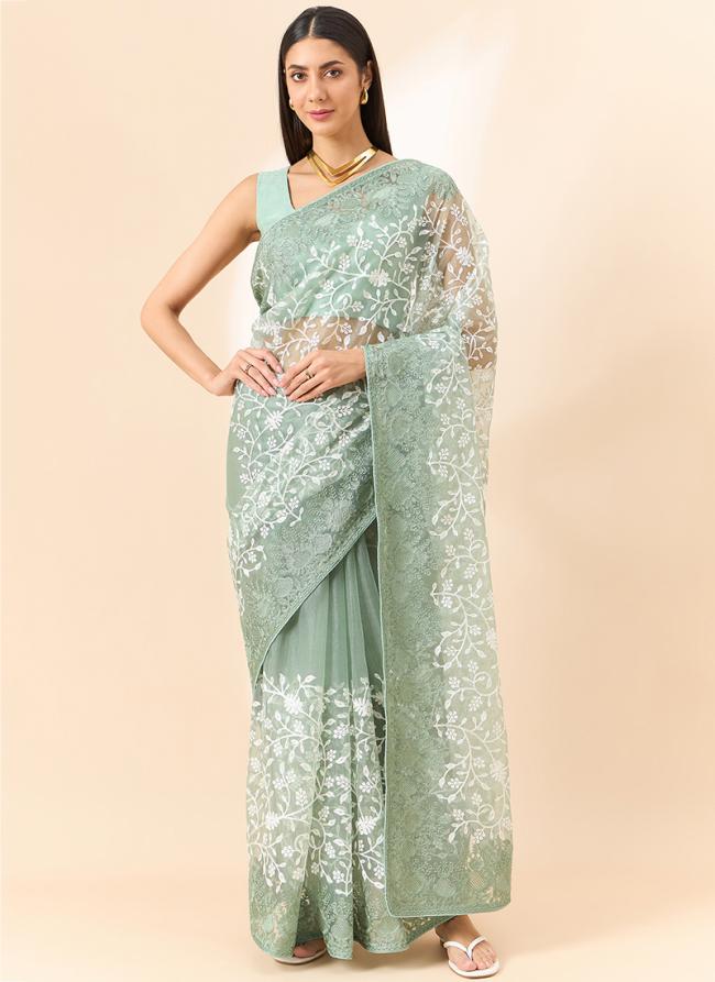 Organza Green Traditional Wear Embroidery Work Saree