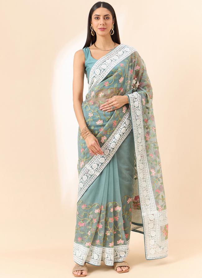 Organza Blue Traditional Wear Embroidery Work Saree