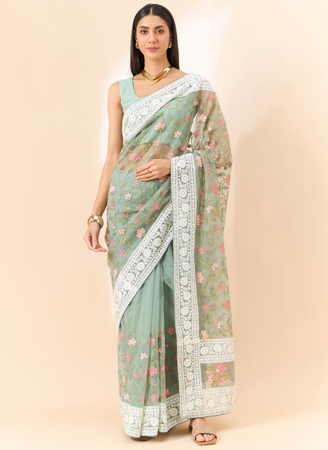 Organza Green Traditional Wear Embroidery Work Saree