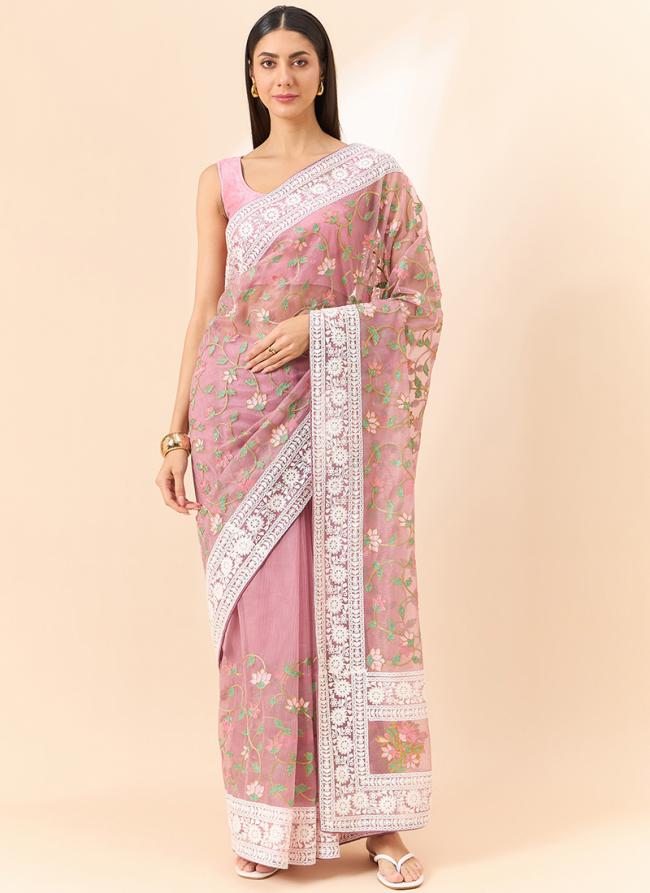 Organza Pink Traditional Wear Embroidery Work Saree
