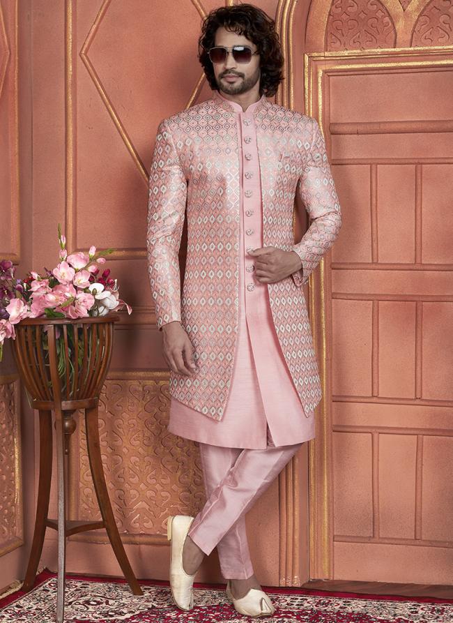 Art Silk Pink Wedding Wear Computer Thread Work 2 Pcs Attech Jacket Set
