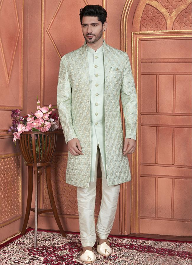 Art Silk Pista Green Wedding Wear Computer Thread Work 3 Pcs Jacket Set
