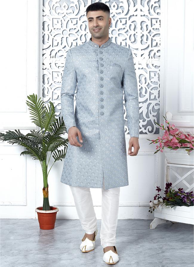 Art Silk Blue Wedding Wear Computer Thread Work Mens Sherwani