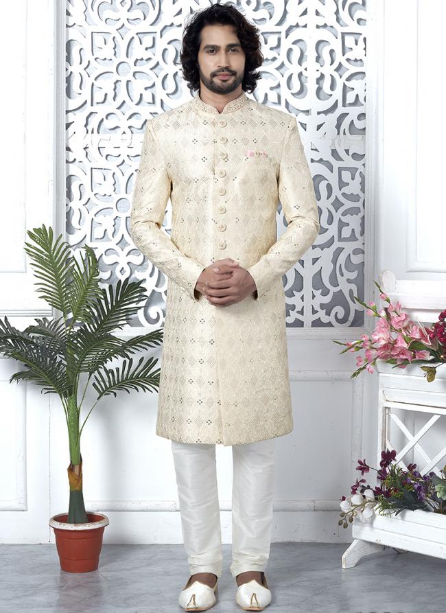 Art Silk Cream Wedding Wear Computer Thread Work Mens Sherwani