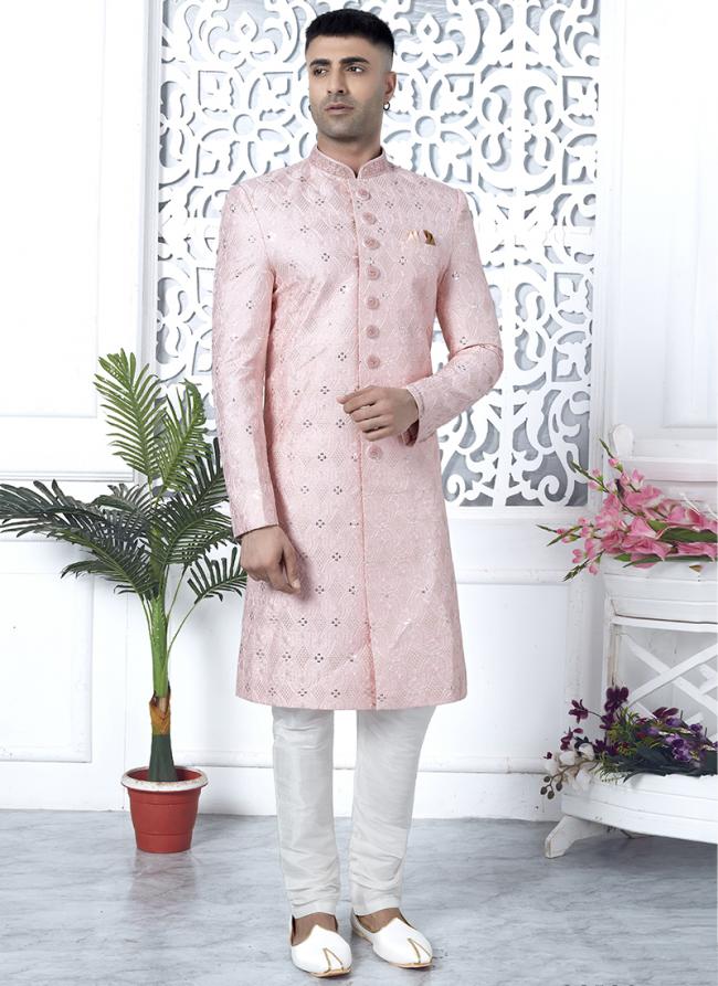 Art Silk Pink Wedding Wear Computer Thread Work Mens Sherwani